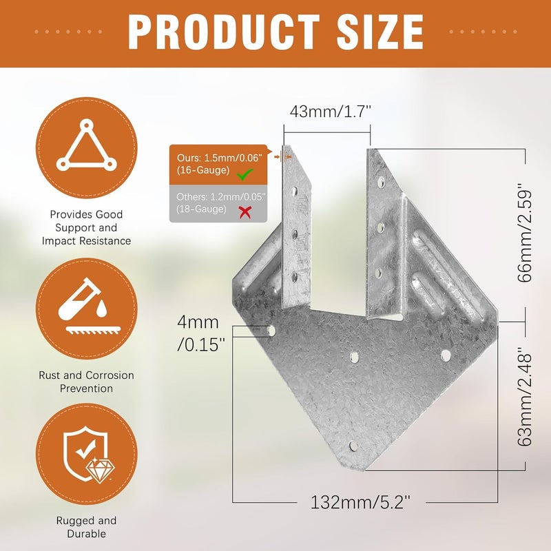 Garaook 70 Pack 16-Gauge Hurricane Ties for Rafter, Heavy Duty Hurricane Straps, Robust Hot Dip Galvanized Rafter Ties Brackets, Joist Hangers for 2X Deck Joists - Image 5